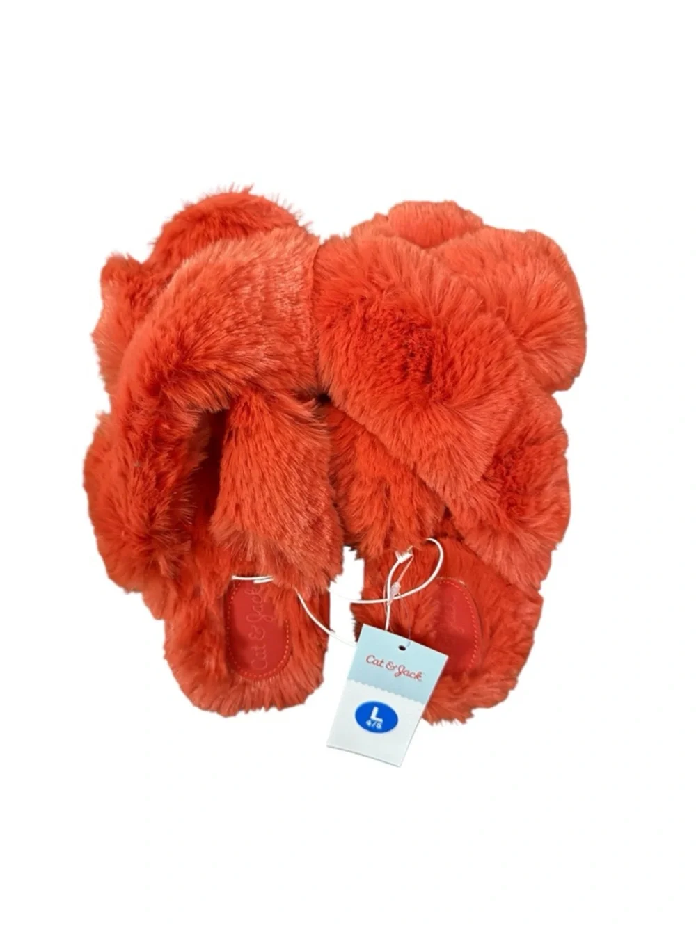 ✨Cat & Jack YOUTH Orange Faux Fur Crossband Slides Sz 4/5 NWT